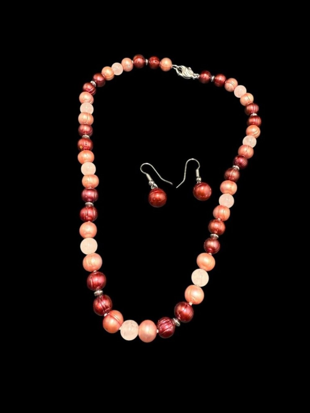Honora Cultured Pearl Jewelry Set Earrings Necklace Rose Quartz Beads Signed